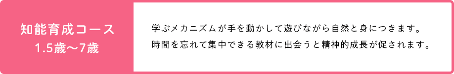 知能育成コース1.5歳〜7歳 学ぶメカニズムが手を動かして遊びながら自然と身につきます。時間を忘れて集中できる教材に出会うと精神的成長が促されます。