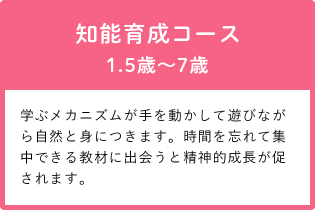 知能育成コース1.5歳〜7歳 学ぶメカニズムが手を動かして遊びながら自然と身につきます。時間を忘れて集中できる教材に出会うと精神的成長が促されます。