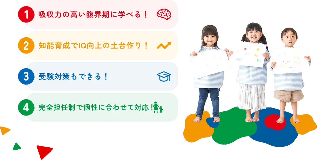 吸収力の高い臨界期に学べる！知能育成でIQ向上の土台作り！受験対策もできる！完全担任制で個性に合わせて対応！